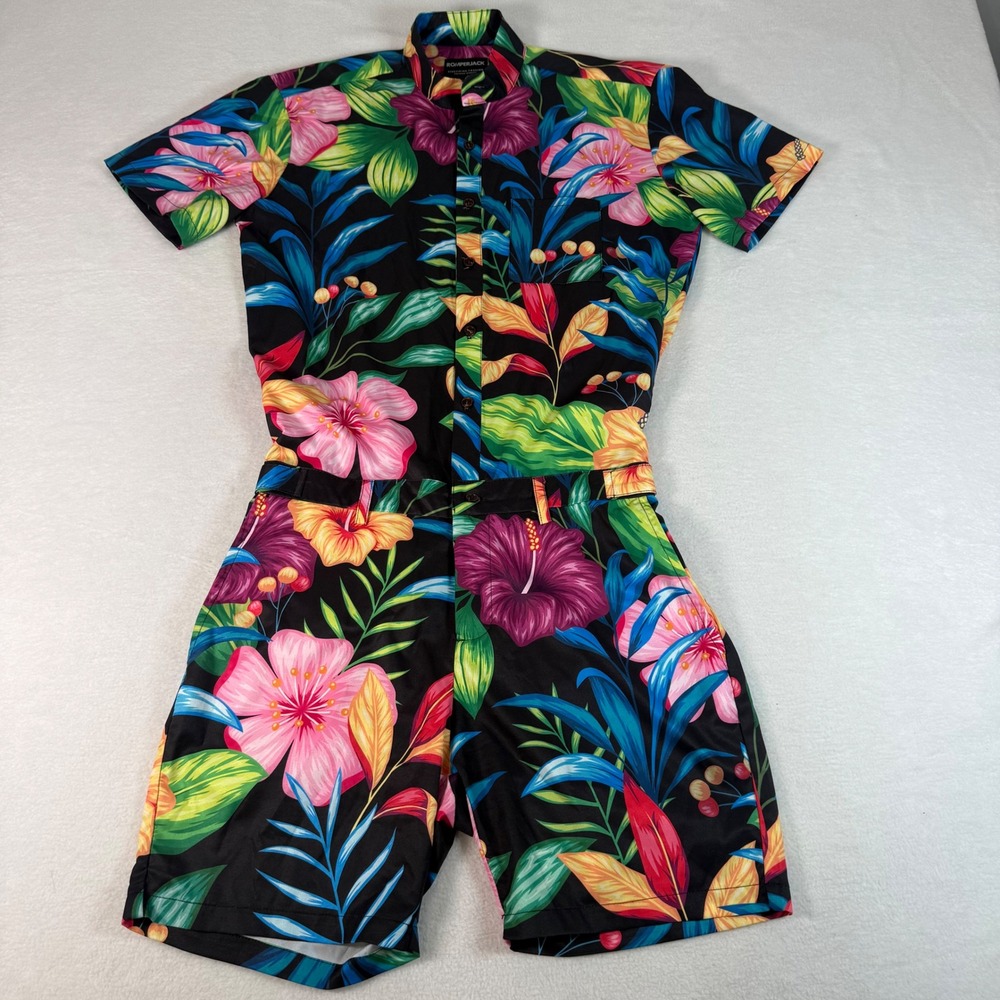 RomperJack Mens Romper S Black Tropical Floral Hibiscus Polyester Resort Summer